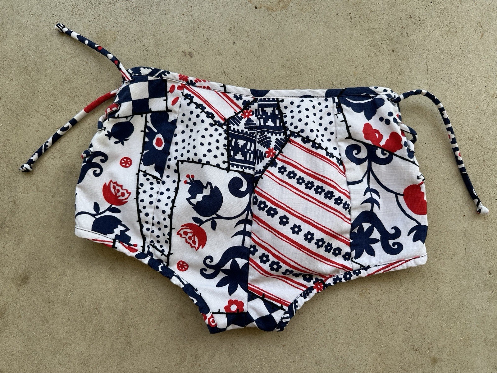 1960s Patchwork Print Lace Up Swim Bottoms Hot Pants Mod Floral Polka Dot S VTG