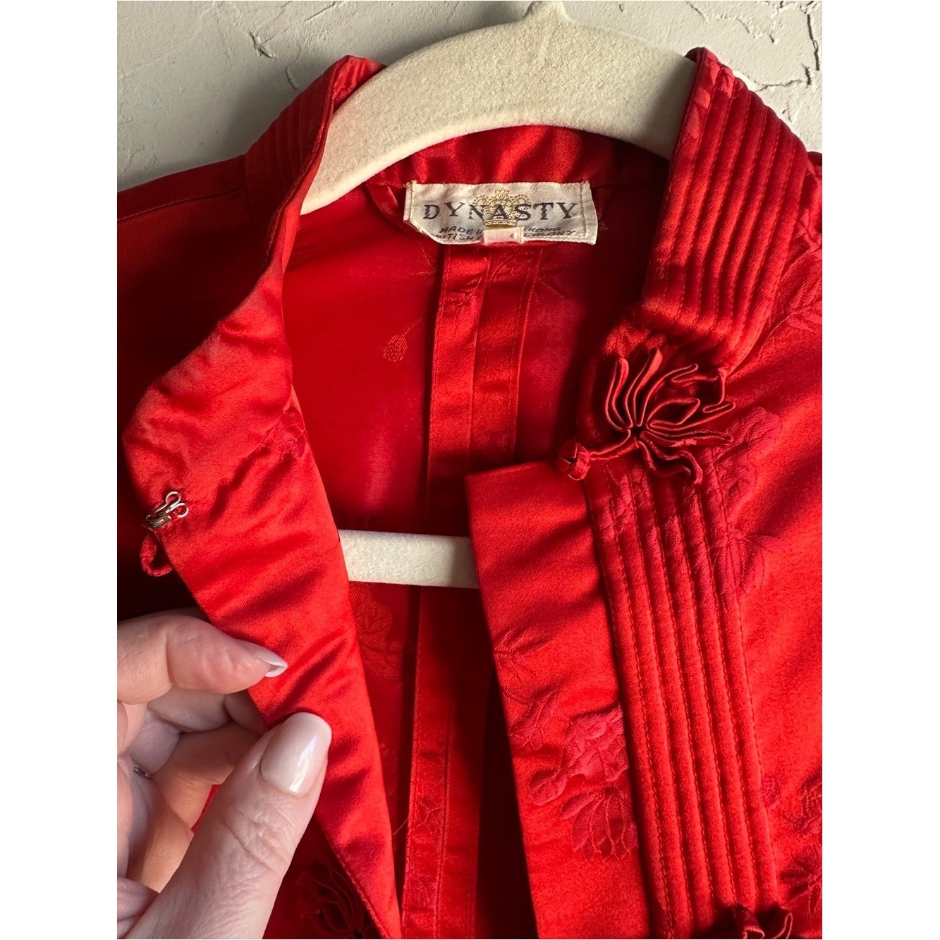 Vintage Red Mandarin Frog Closure Satin Jacquard Jacket Chinese Brocade Artwear