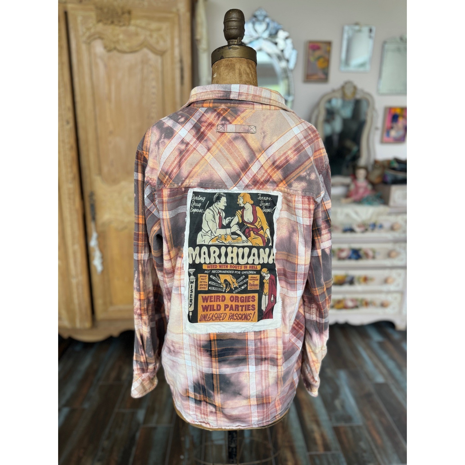 Vintage Marijuana Propaganda Flannel Bleach Dye Upcycled Shirt Large