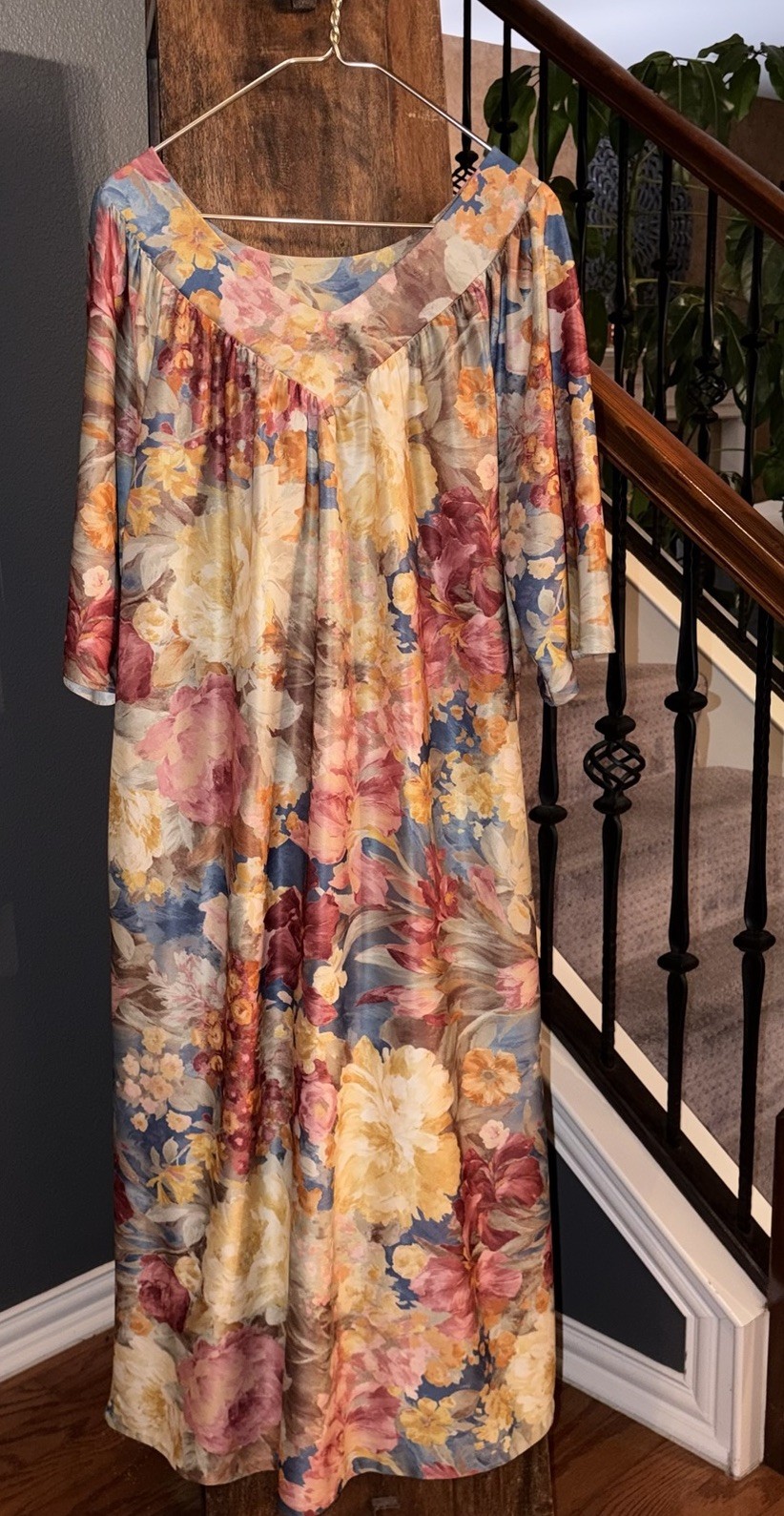 VTG Metropolitan Mumu Tent Dress Caftan Warm Tone Floral Print Size 1X 1 Pocket