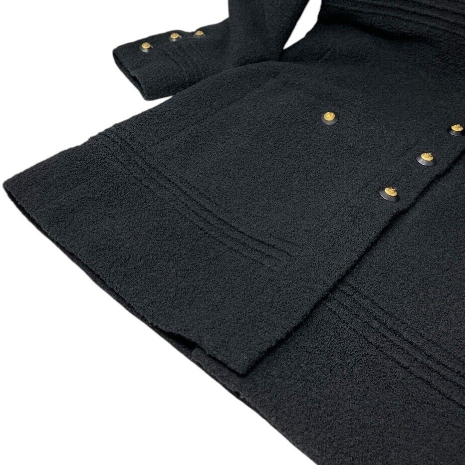 CHANEL Vintage CC Logo Long Tweed Jacket #M Coat Black Gold Wool Silk 105043