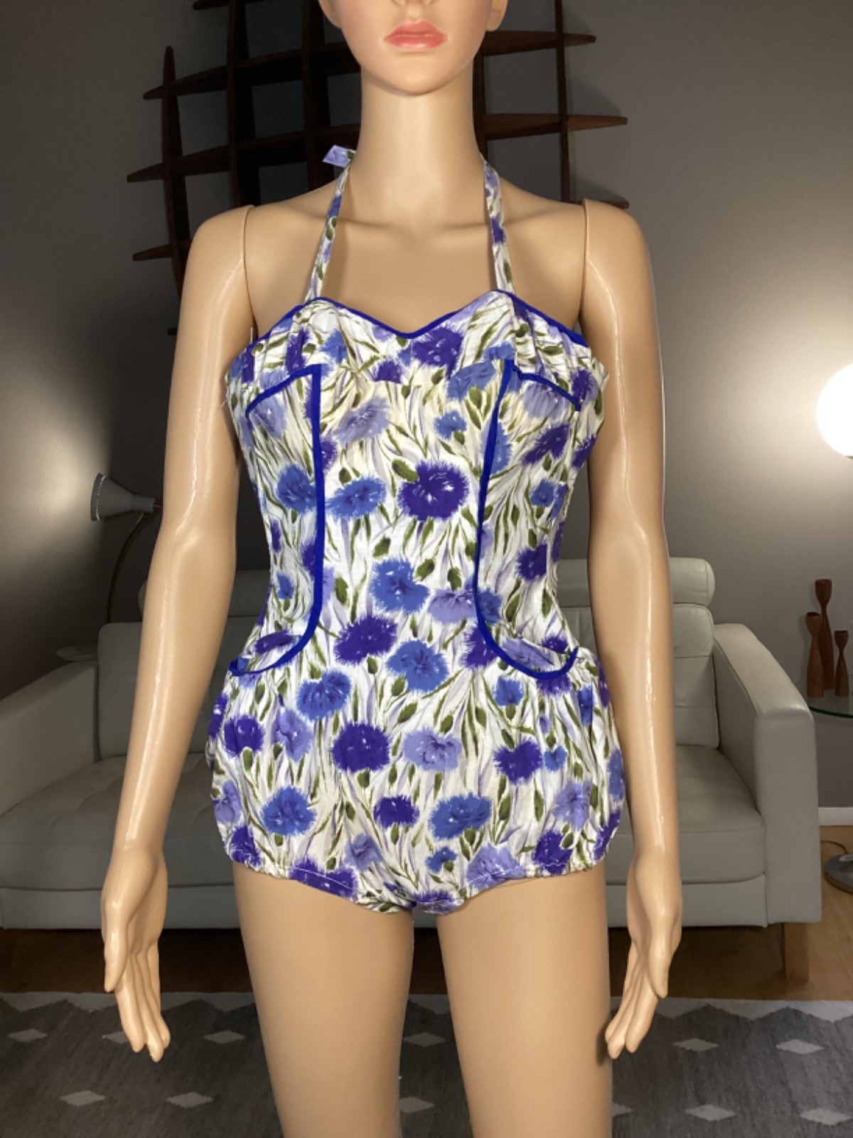 Vintage 50&rsquo;s Slix One Piece Floral Cotton Swimsuit Playsuit Pockets Sz 32 Pinup