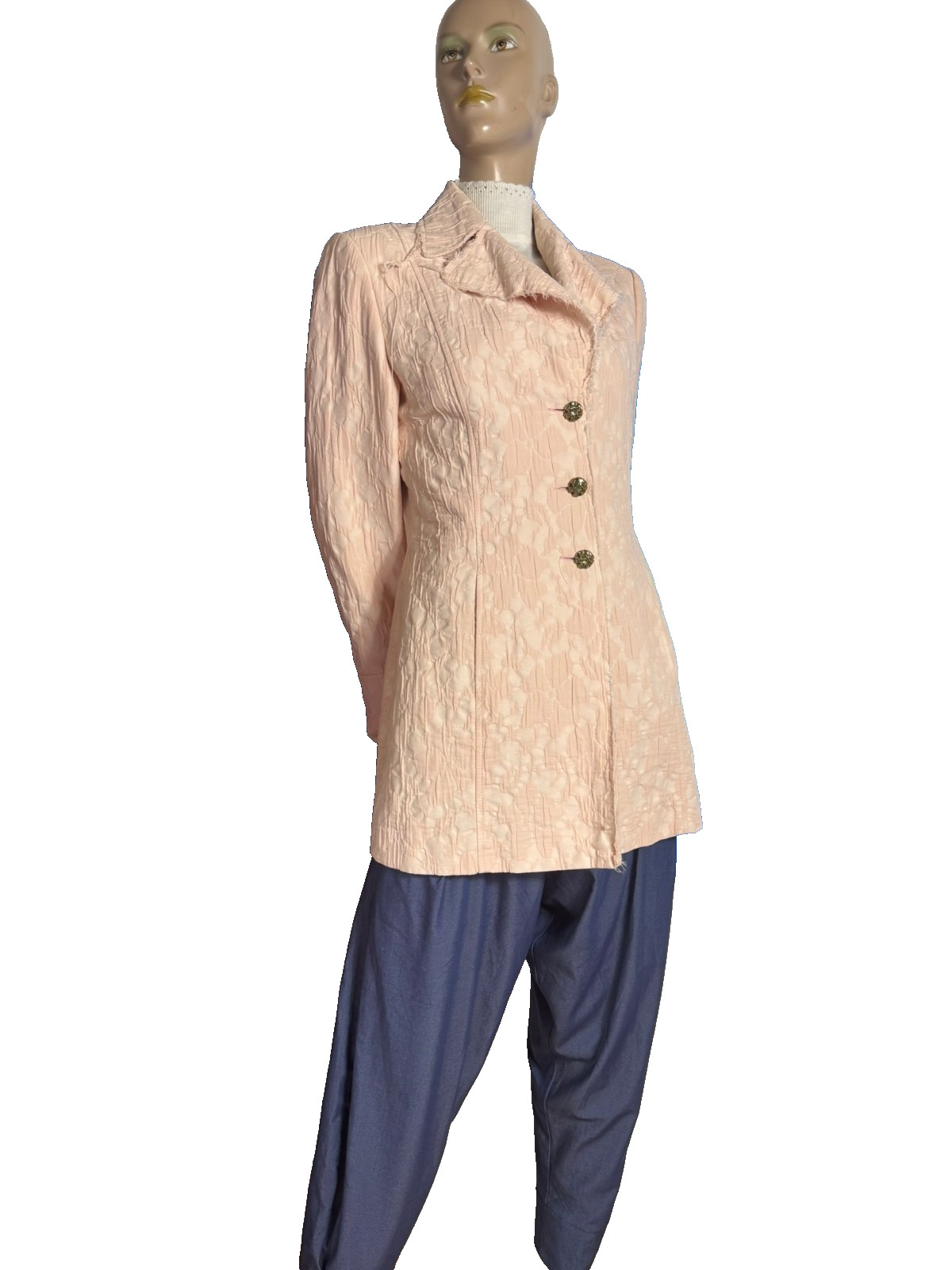 Soft pink brocade jacket with glitter buttons & belt – shabby chic size 40/42
