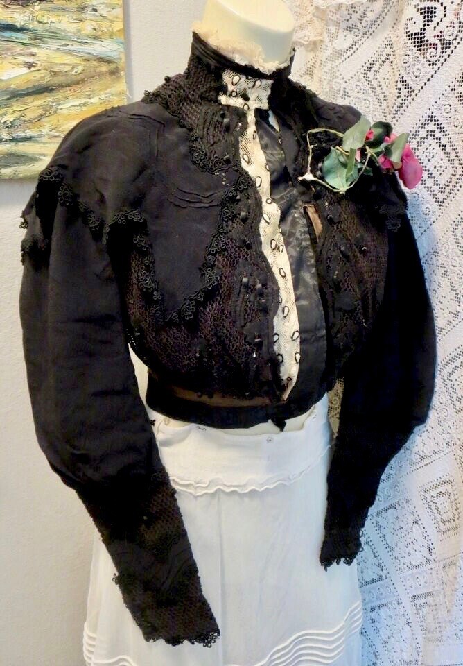 Antique 1890s Bodice Jacket Victorian High Neck Black Silk Ivory Lace Boned 30&Prime;B