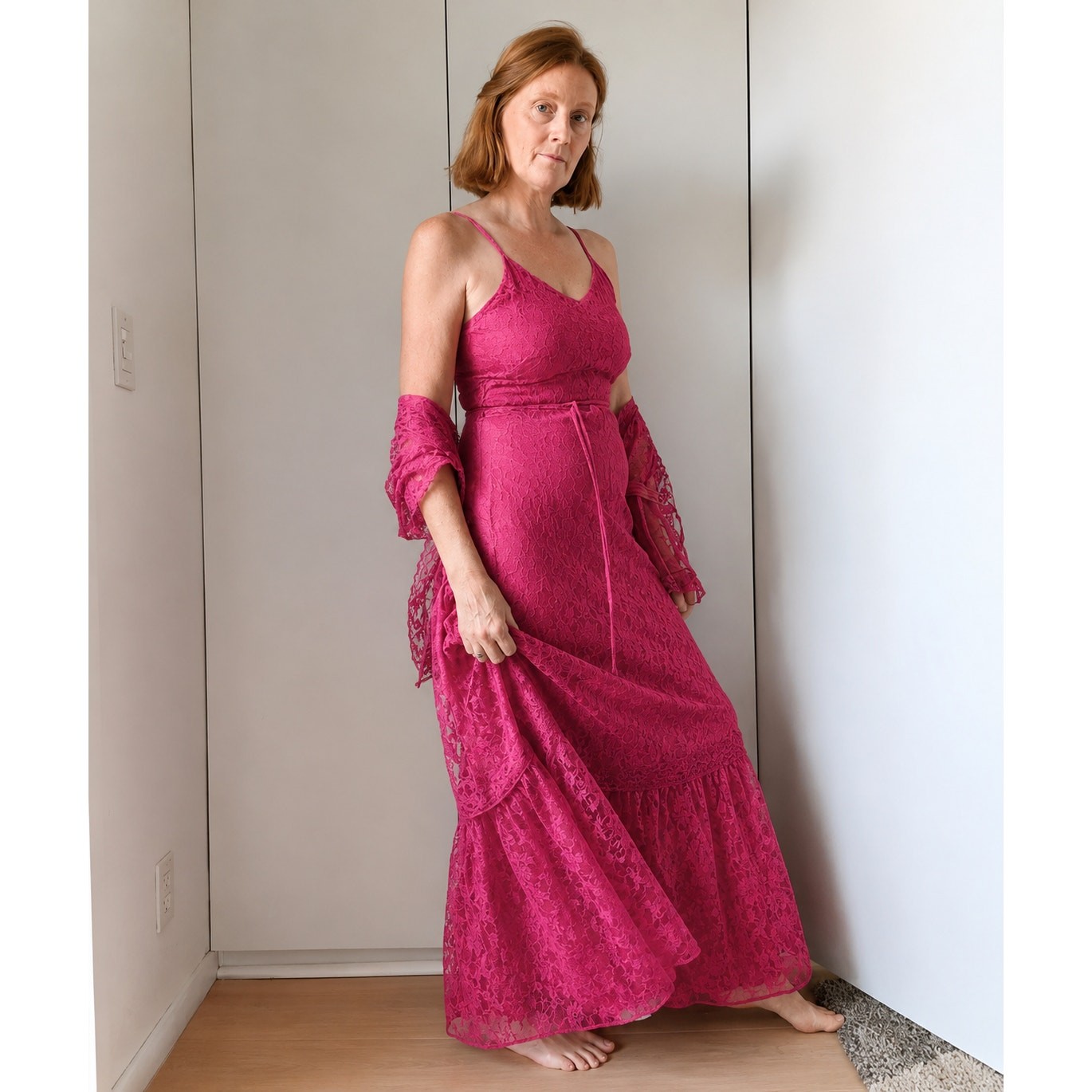 Womens 80s Vtg Lace Sundress with Jacket Mauve PInk Size M Full Length