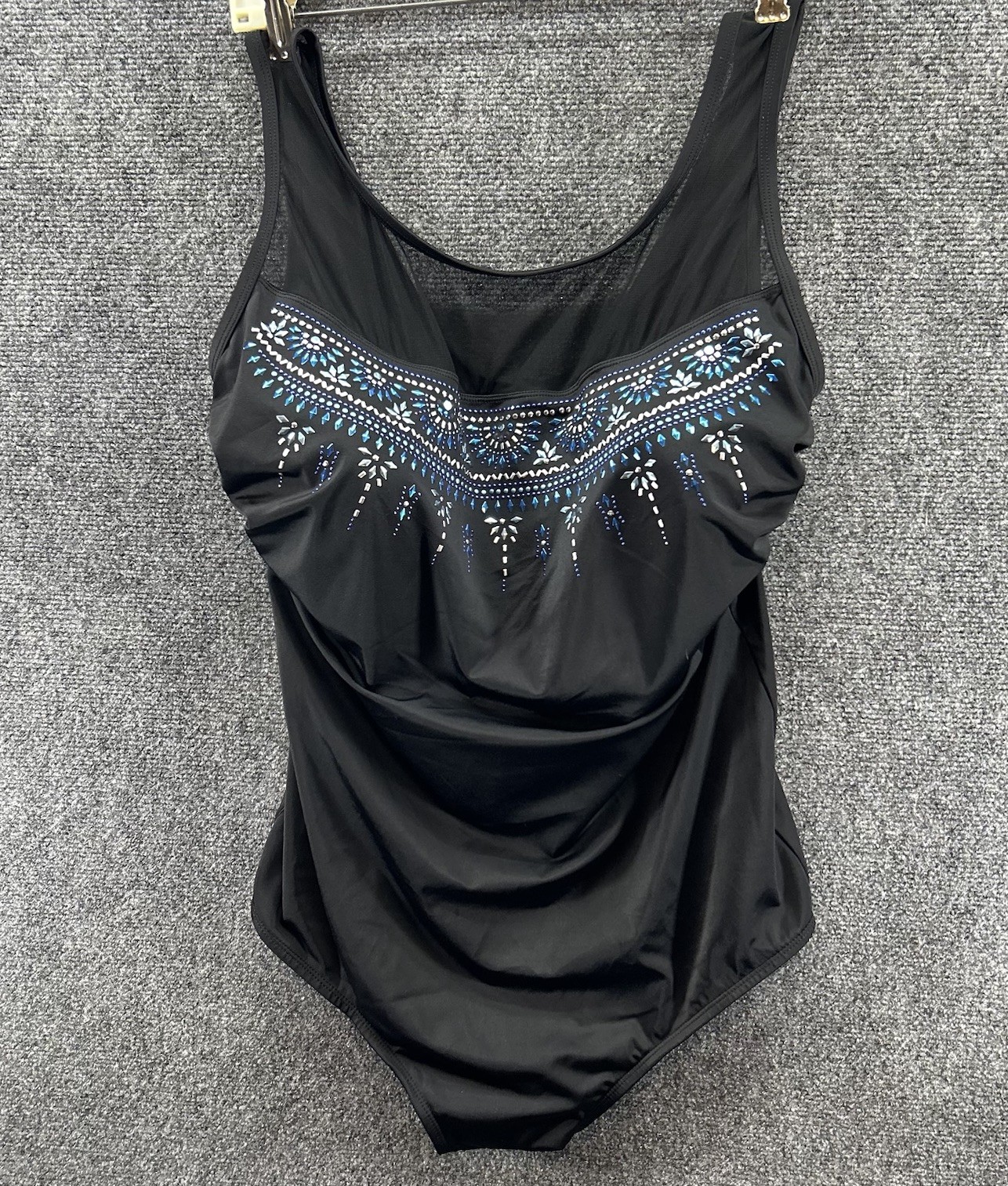 Vtg Longitude One Piece Swimsuit 22W Black Mesh Blue/Silver Beaded Ruched Resort