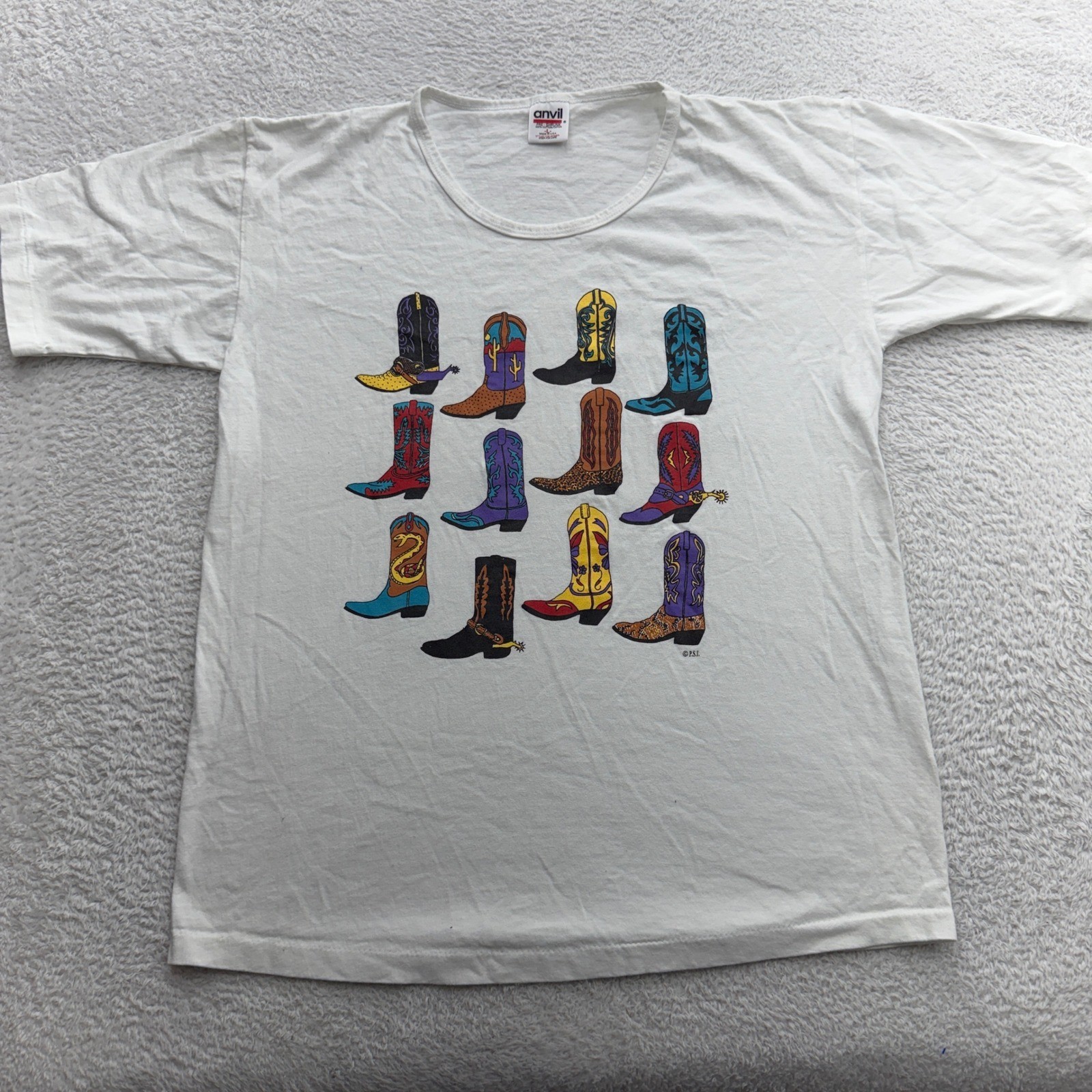 Vintage Anvil Cowboy Boots Graphic T-Shirt White L Made in USA 90s Scoop Neck