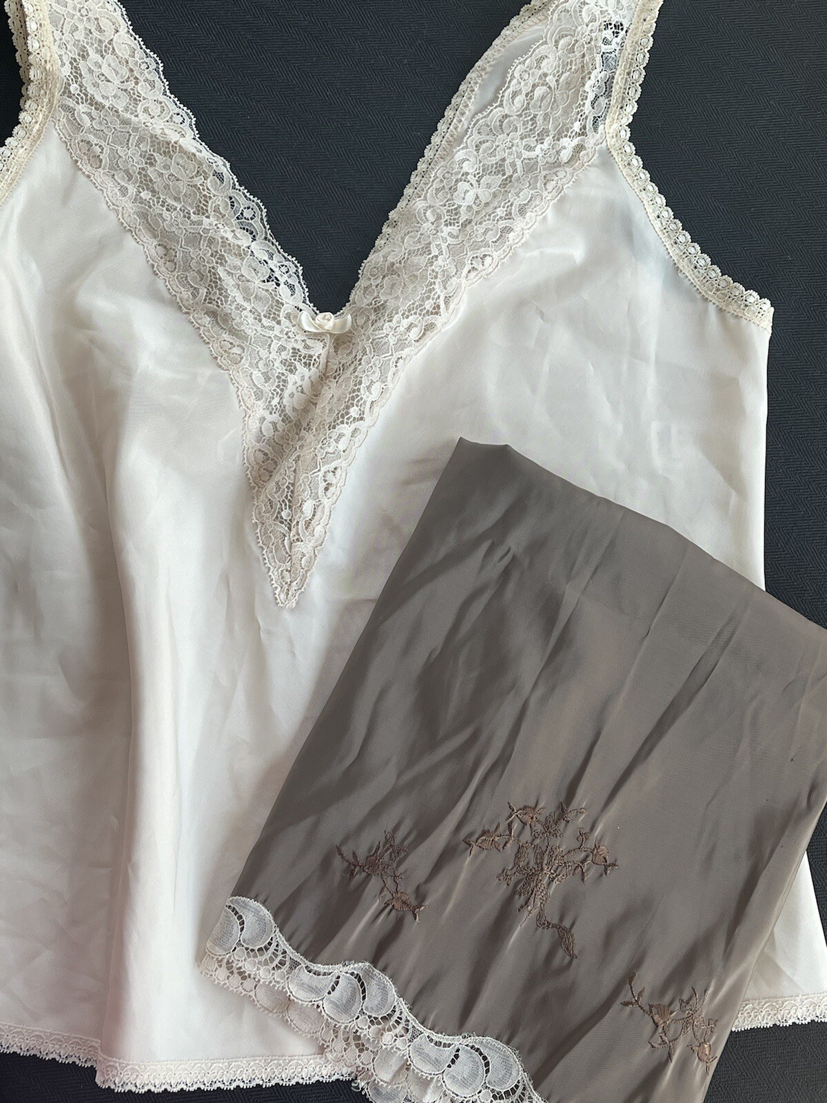 Vtg FARR WEST Camisole Ivory SATIN Lace Cami + Taffeta Half Slip Mocha Brown S M