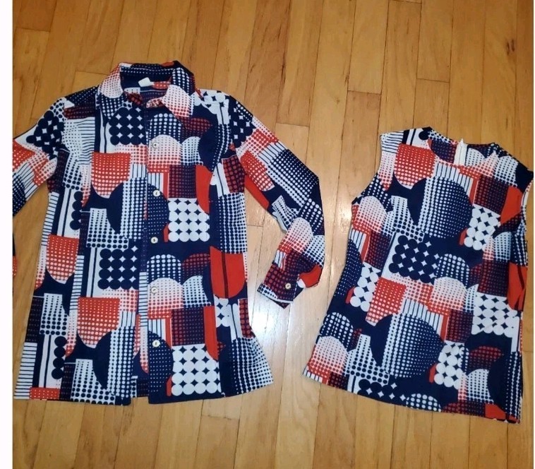 Vtg 70&rsquo;S Mod Geometric McM Twinset Long Sleeve Polyester Retro Red White Blue