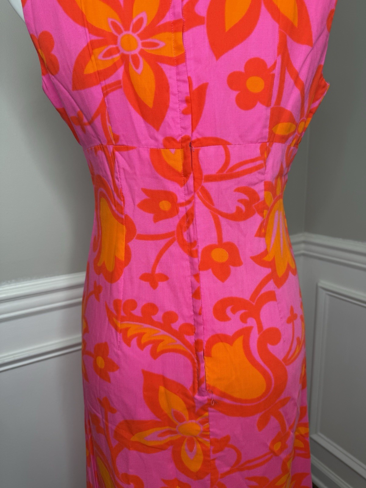 Vintage 4 60s 70s Hawaii M Psychedelic Floral Print maxi Dress Bright Pink N