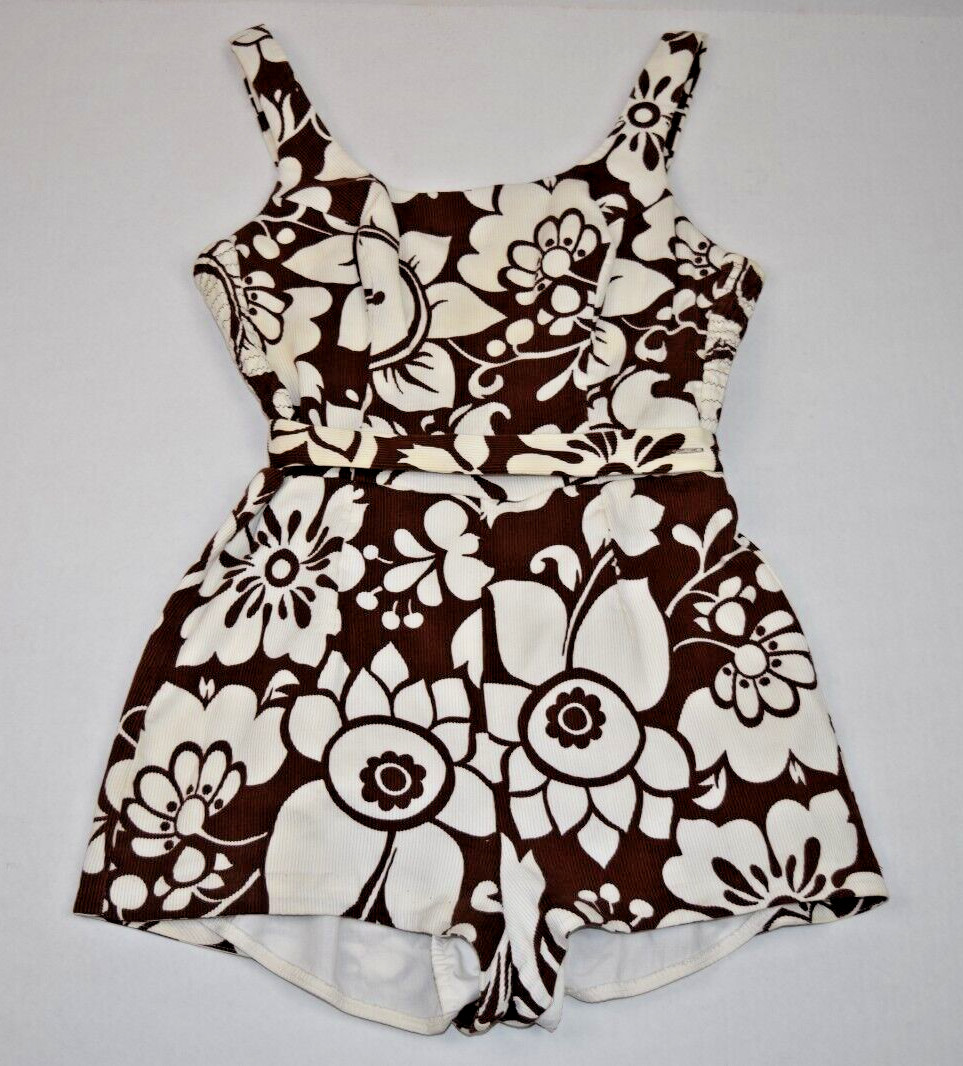 Vintage Swimsuit Playsuit Catalina Size 14 60s Brown Corduroy Hawaiian Floral