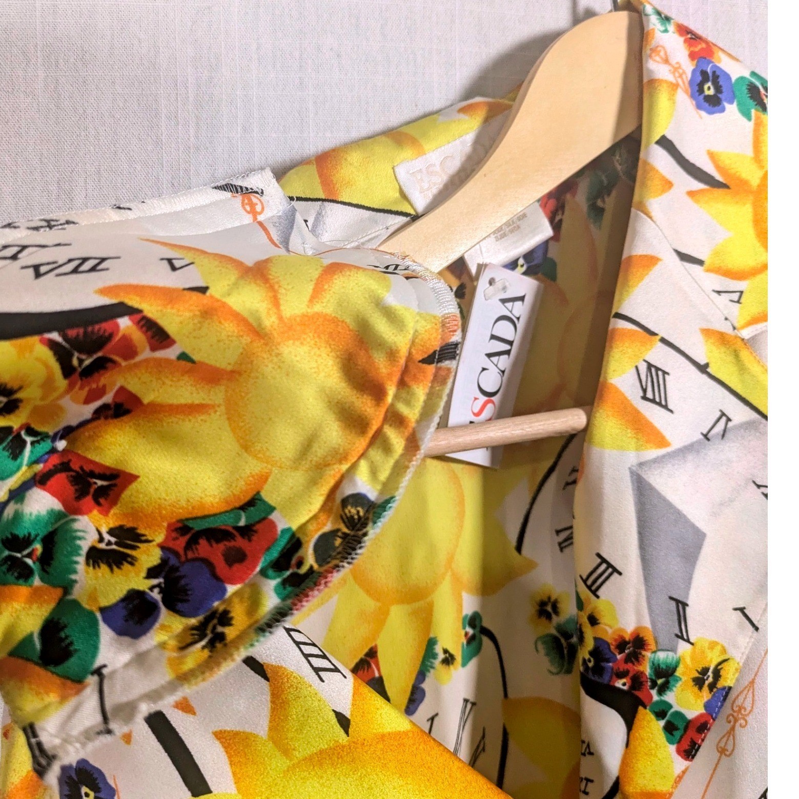 Vintage 80s Escada Silk Blouse Sun Clock Novelty Print designer Top NWT Sz 40 M