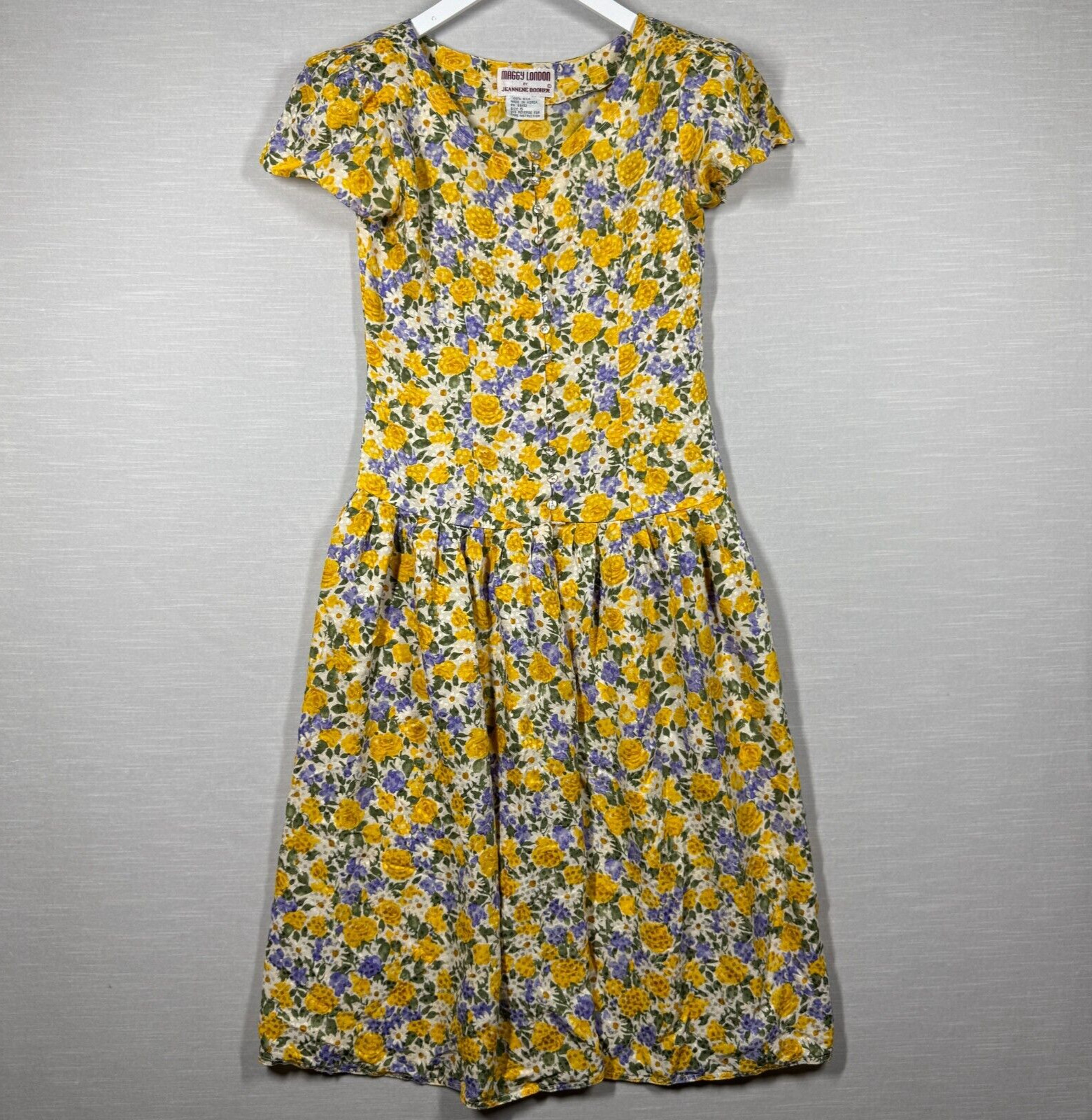 Vintage Maggy London Dress Womens 6 Yellow Button Up Pleated Romantic 80s Silk