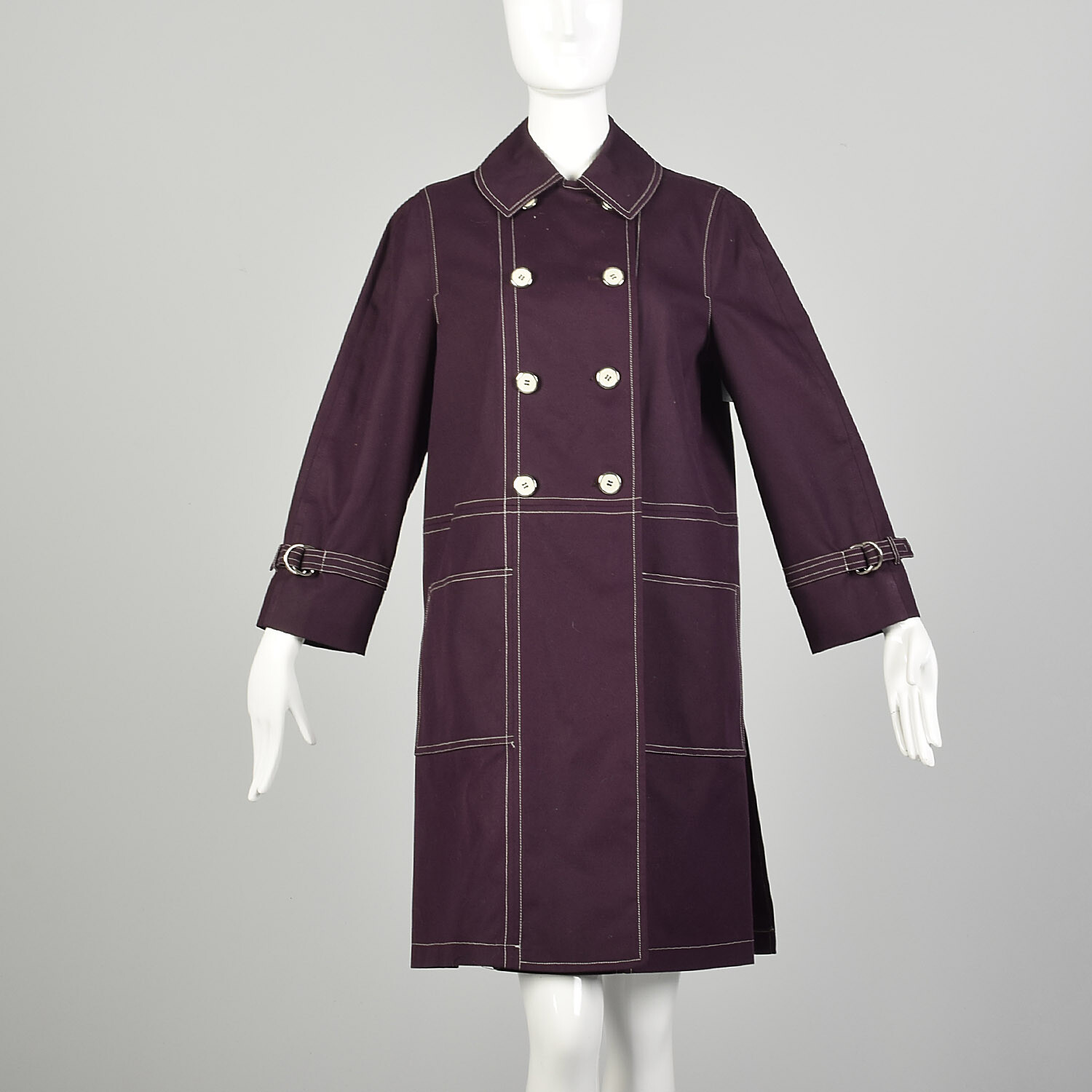 Medium 1960s Coat Plum Aubergine Mod Double Breasted Canvas Autumn VTG 60s
