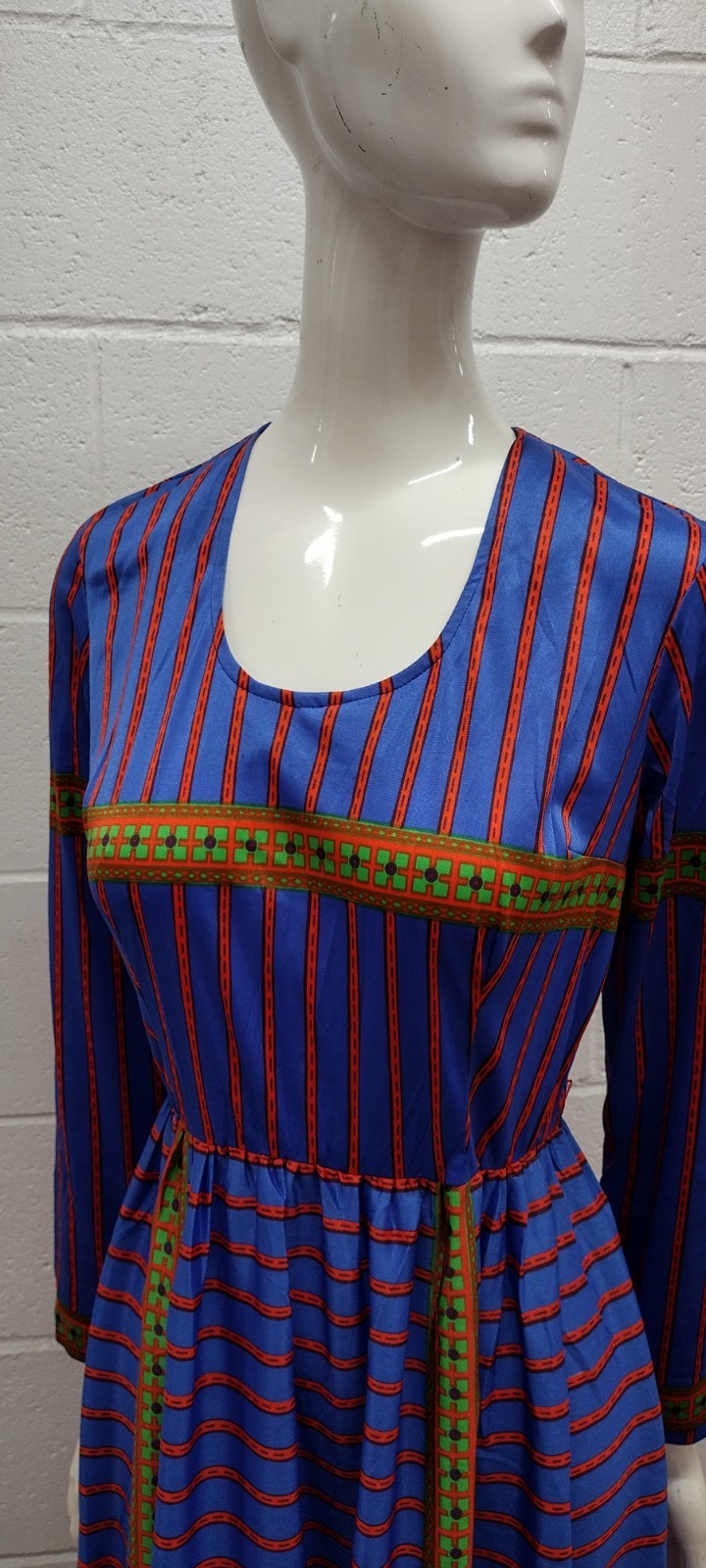 60S 70s Geometric Maxi Dress Blue Multicolor Designer SAKS Leonard Tuttman Small
