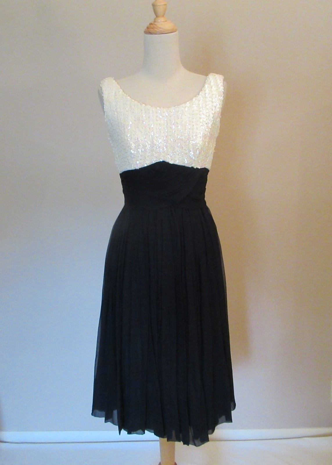 Vintage 1960s Black Chiffon & Sequins Cocktail Dress