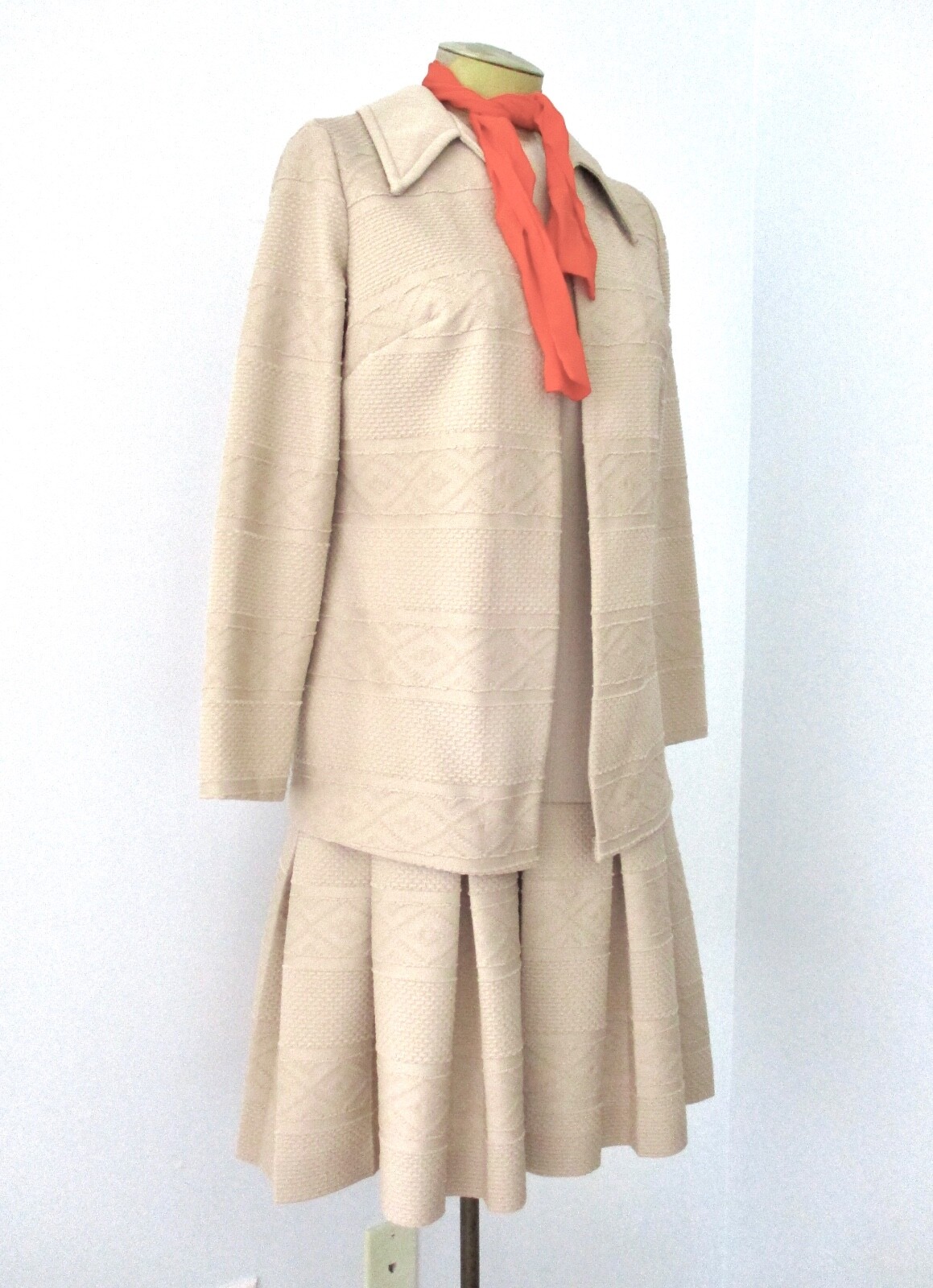 Vtg 60s 70s Mod Beige Poly Knit 2-Pc Drop Waist Dress Jacket Secretary Suit 12