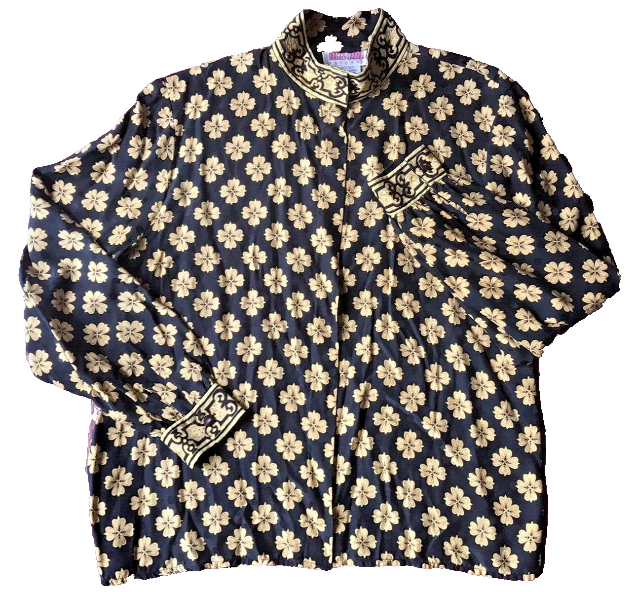 Maggy London Vintage 100% Silk Black and Gold Floral Print LS Blouce Size 12