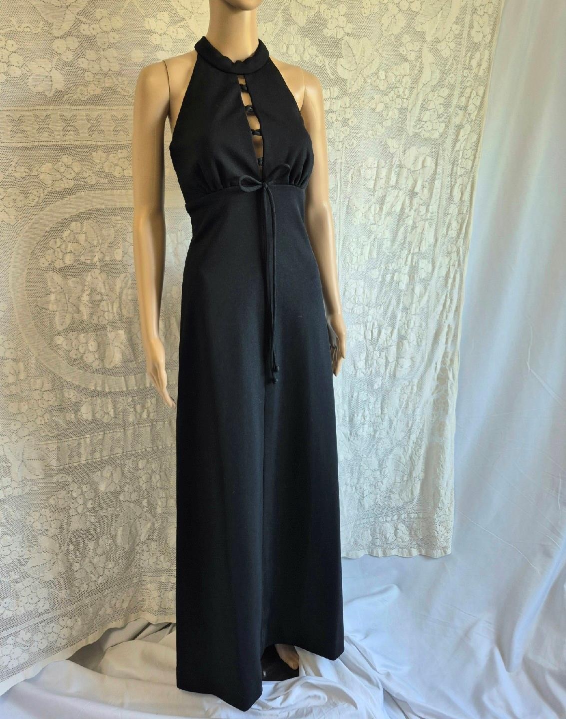 BOHO MODERN Vintage 70s LBD Halter Neck Cage Back Empire Waist MAXI DRESS – S/M