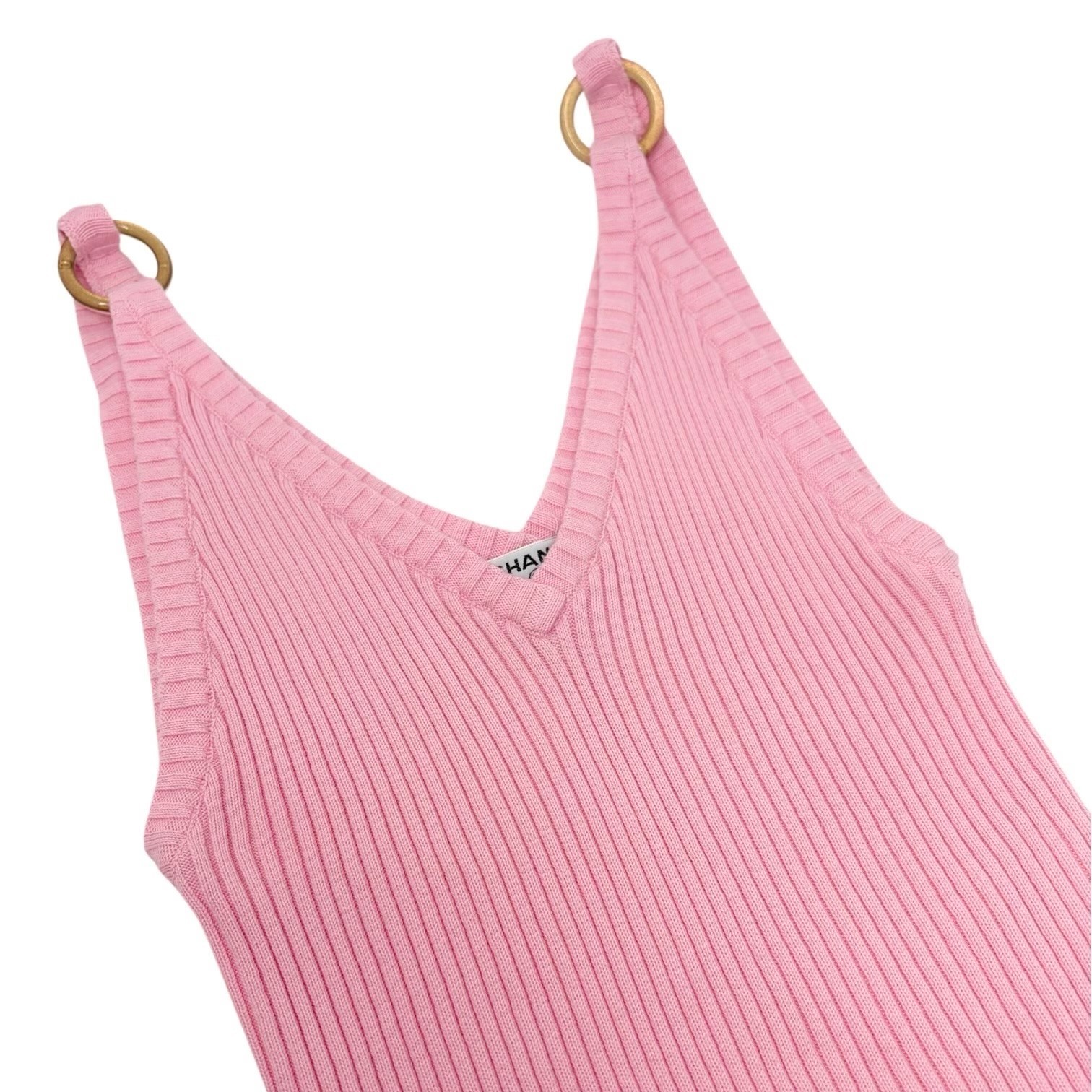 CHANEL Vintage 01C CC Logo Knit Rib Tank Top #42 Gold Rings Pink Cotton