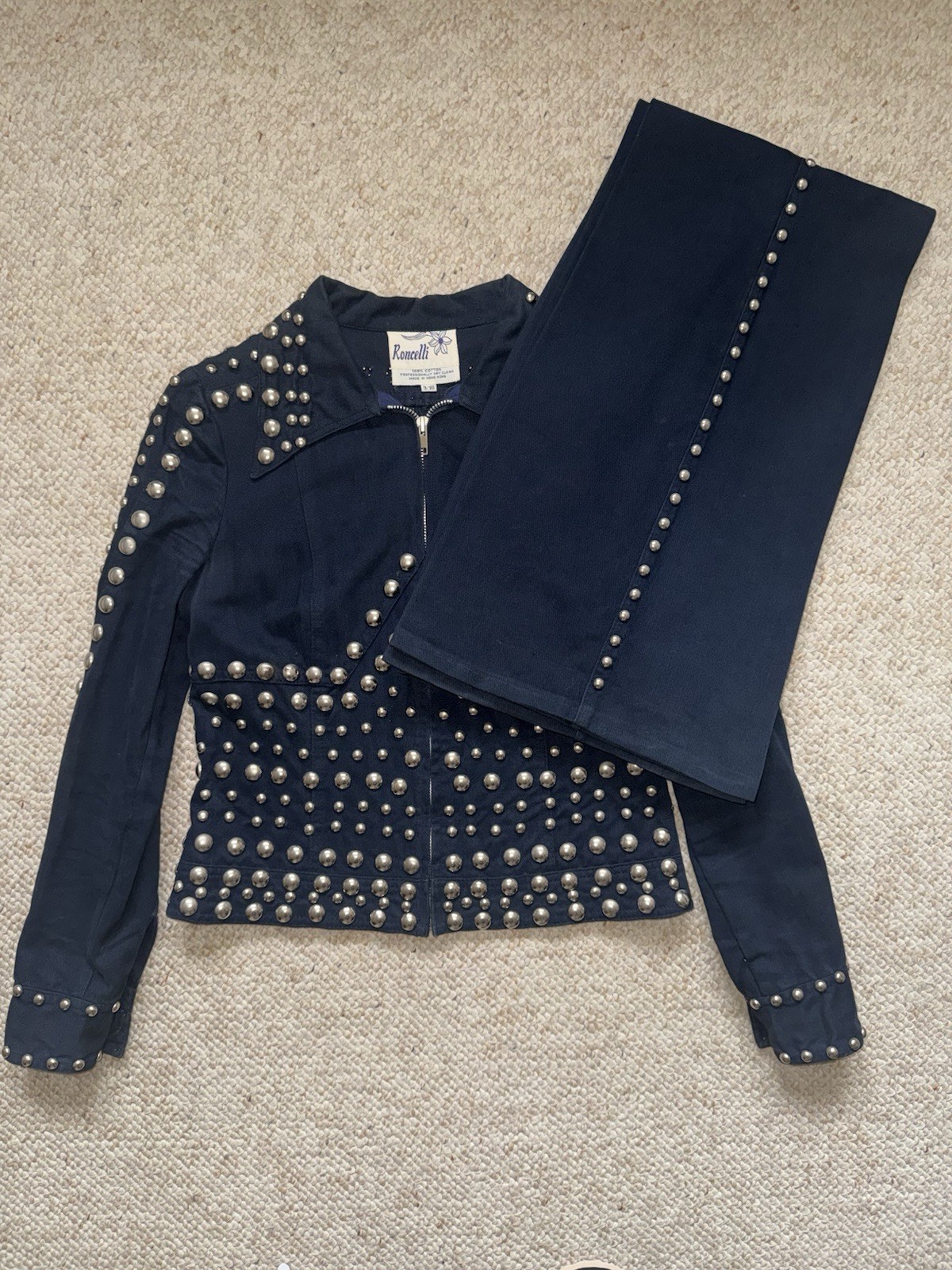 Vintage Roncelli Studded Blue Cotton 2-Piece Pant Suit Set, Size 9/10 Regular