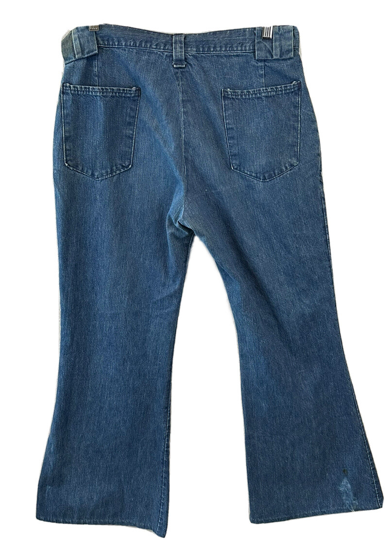 Vintage 70s Womens Thrashed Denim Flare Jeans Trouser Talon Pleated 32 x 28