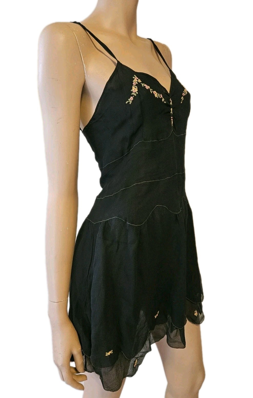 Art Deco Vintage 1920s Black Silk Chiffon Teddy Slip Dress W Floral Embroidery
