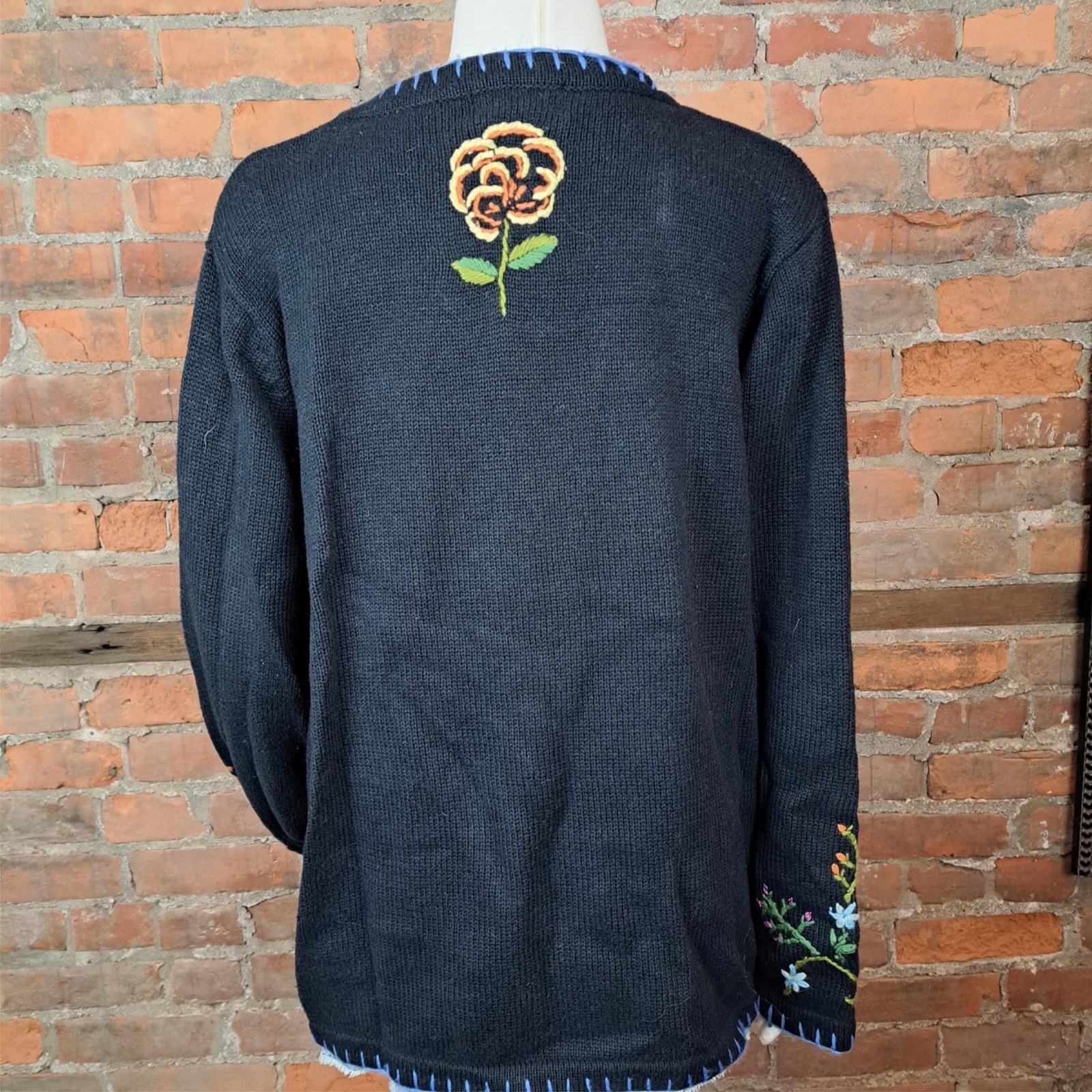 Vintage 1990s Sweater Black Bright Floral Print Long Sleeves Size 2X