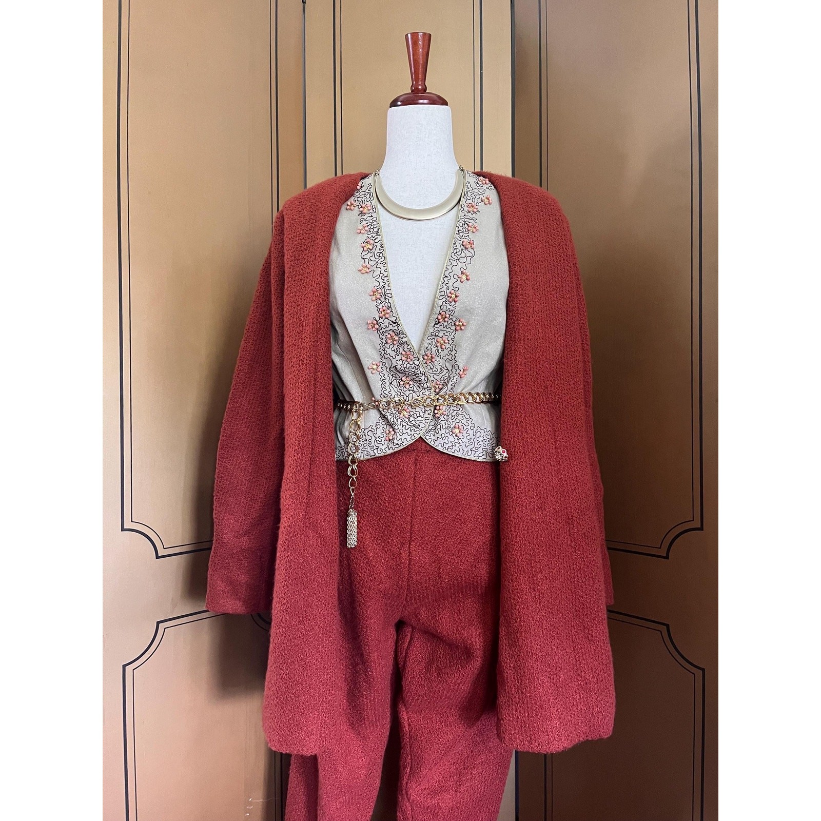 Handmade woolen pantsuit in rust, size 18