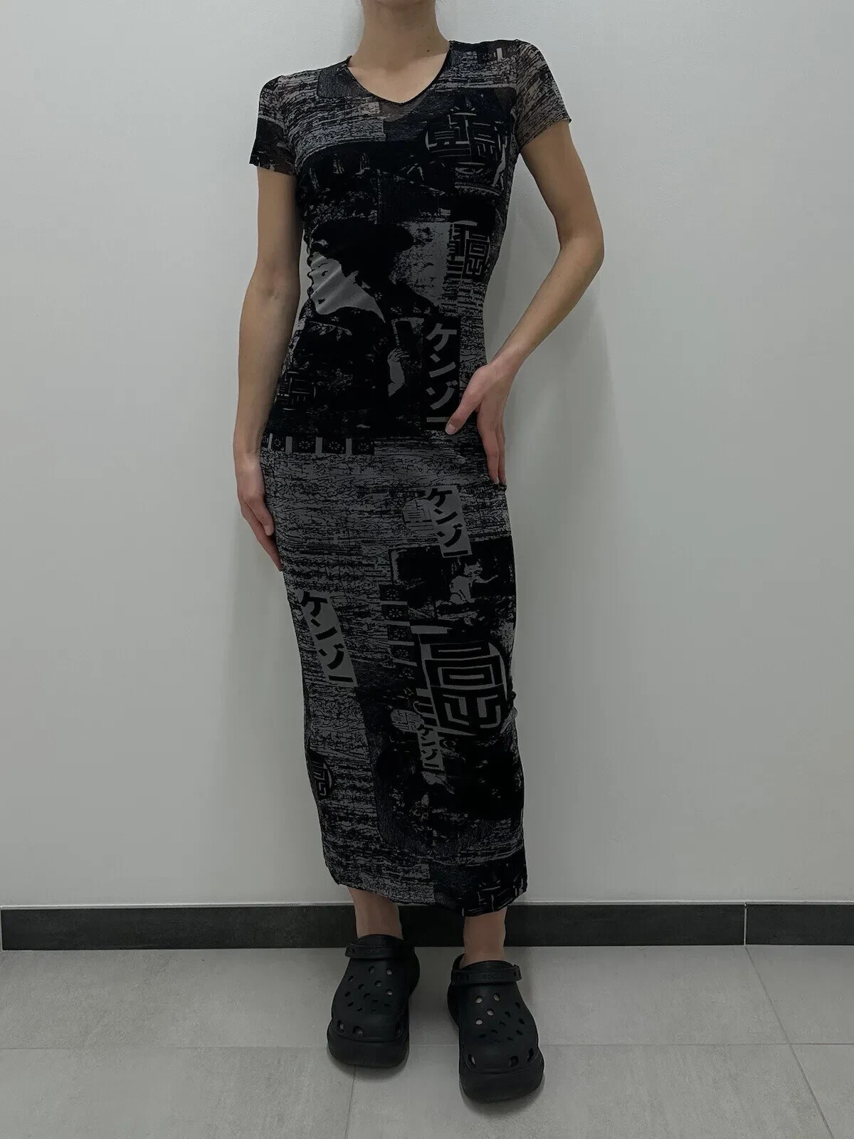 DDP Vintage Kenzo Jeans Sheer Mesh Maxi Long Dress Asian Tokyo Printed y2k Sz M