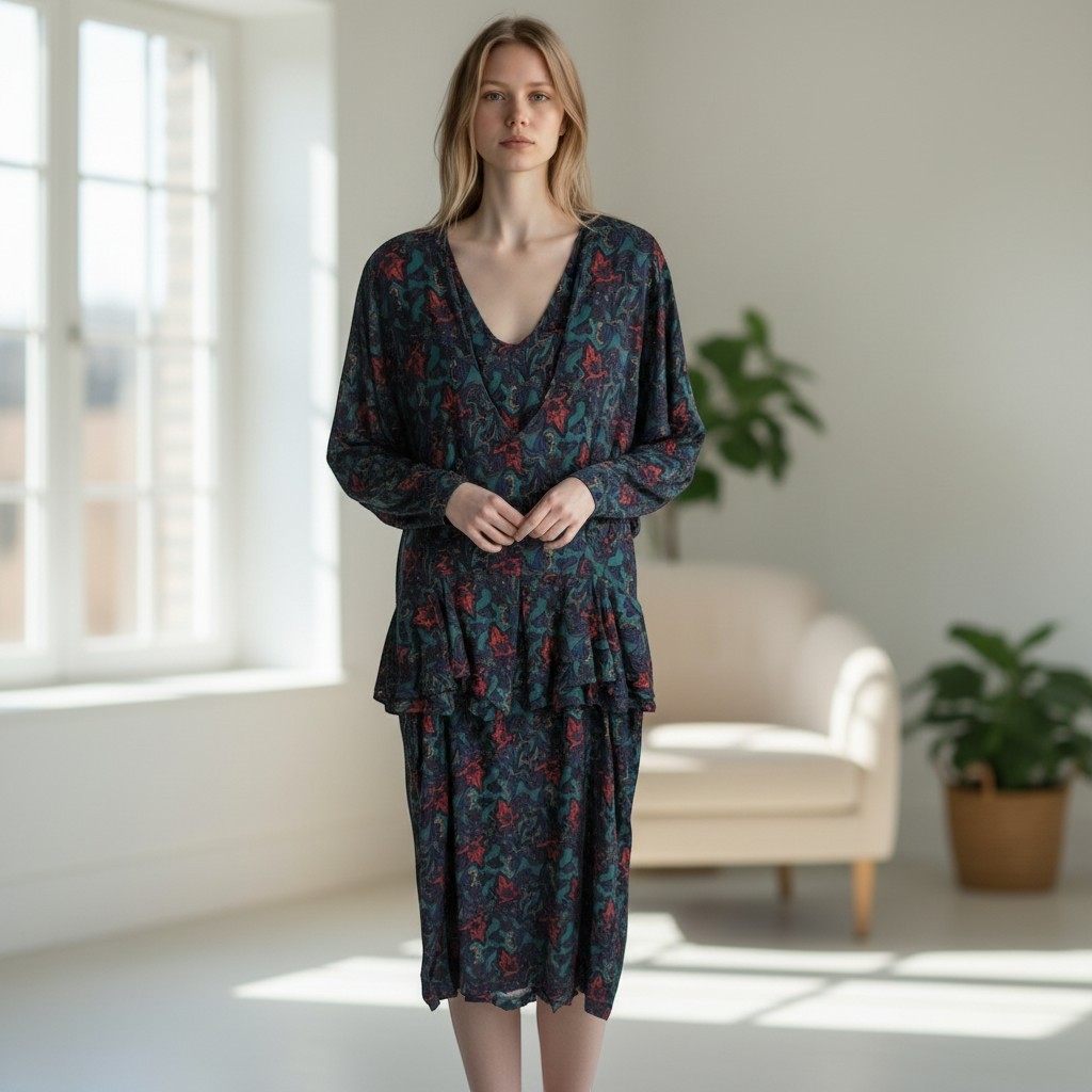 Melissa Harper Midi Dress 11/12 Teal Red Paisley Batwing Peplum 80s Vintage