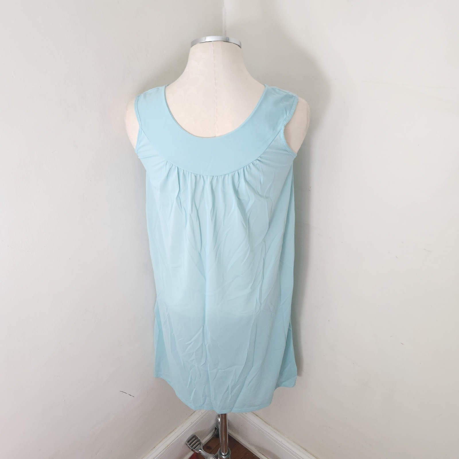 Vintage Philmaid Light Blue Nylon Shift Gown Floral Embroidered Nightgown Small