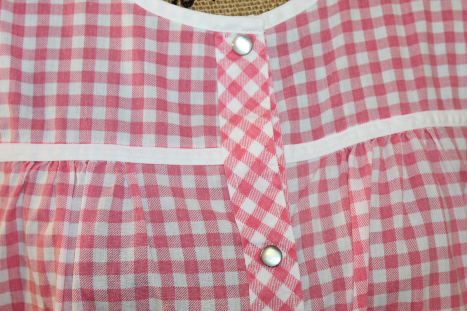 Vintage Pink/White Cotton Gingham Plaid Pearl Snap Flower House Dress Women&rsquo;s M