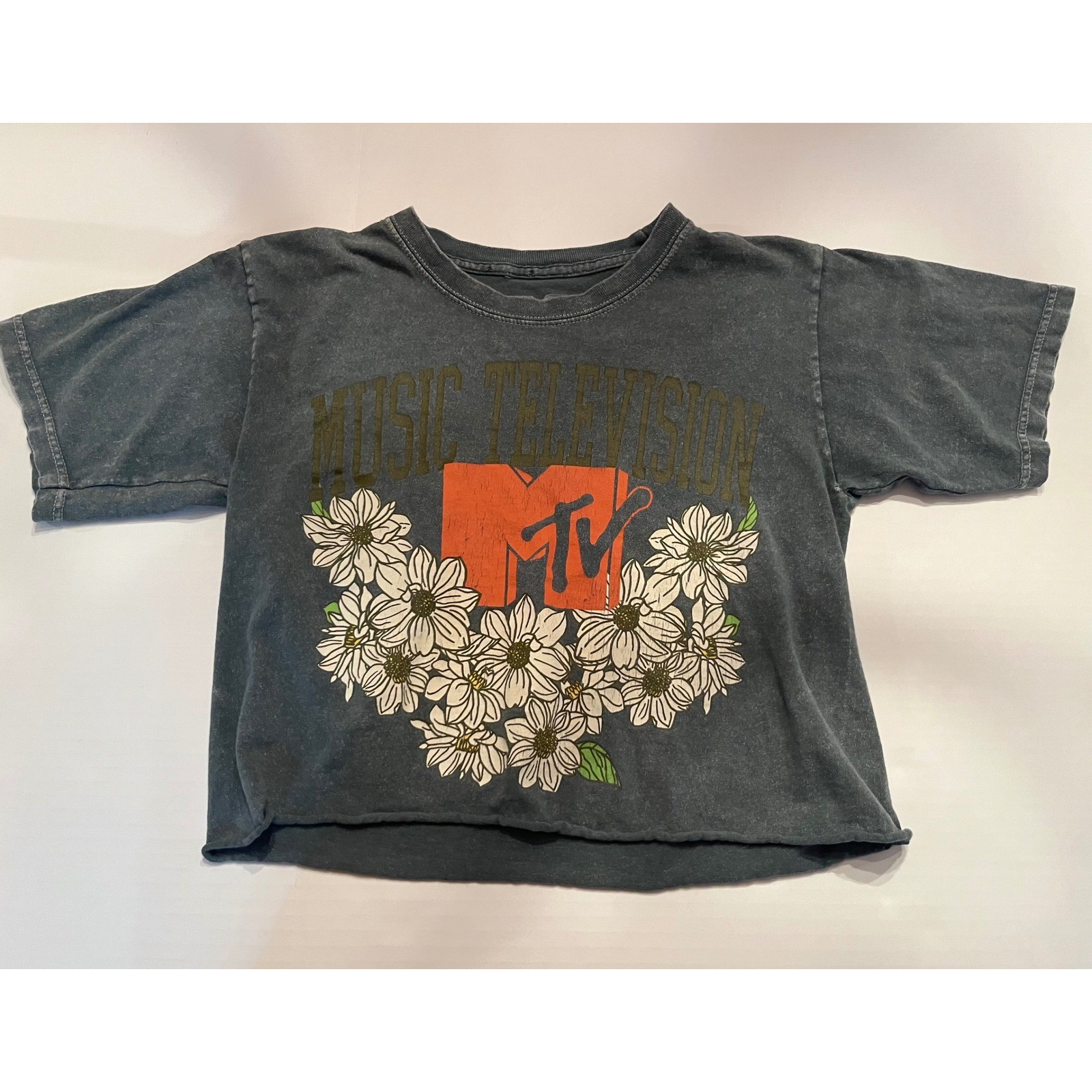MTV Woman&rsquo;s Gray Crop Top Size Small – Some Logo Cracking – Holes Under Arms