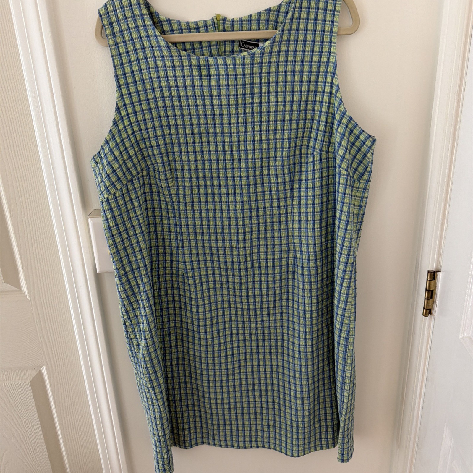 1990s Vintage California ConceptsGreen And Blue Plaid Cotton Shift Dress