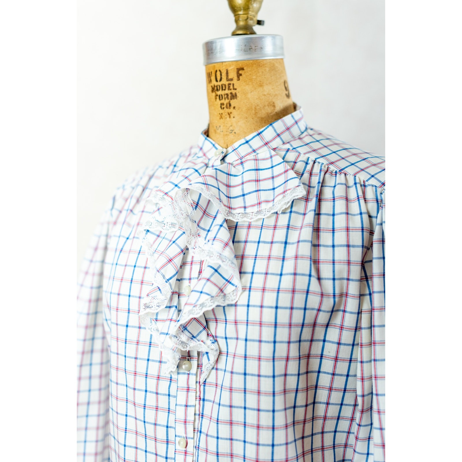 Vintage 80s Cottage Plaid Ruffled Blouse, Red White Blue, Prairie Gingham, M