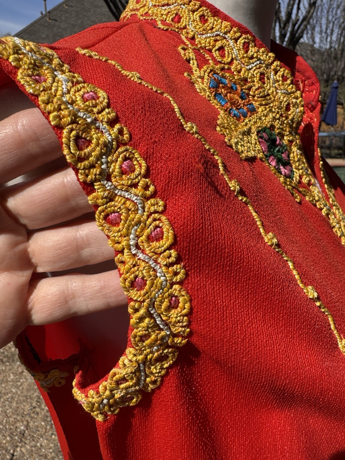 Vintage 1960s Red Hostess Column Maxi Dress With Gold Soutache Embroidery Size M