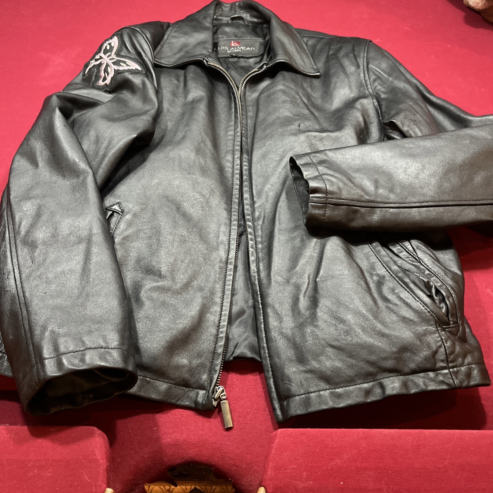 Luis Alvear Black Leather Jacket Zip Up Moto Biker Butterfly Arm Patch Women’s S