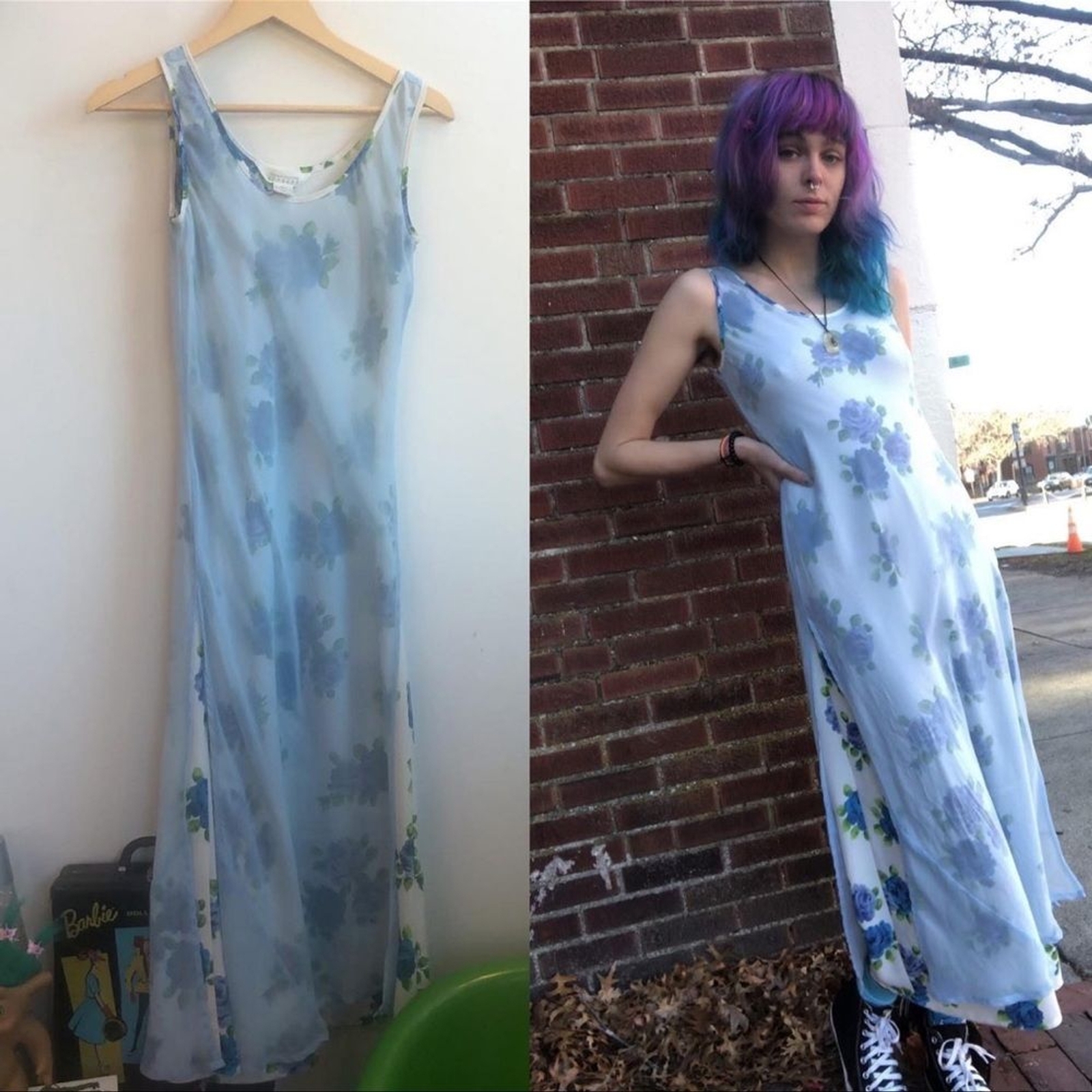 Vintage Women Express double layer Floral Sheer slip fairy Maxi Dress size 5/6!
