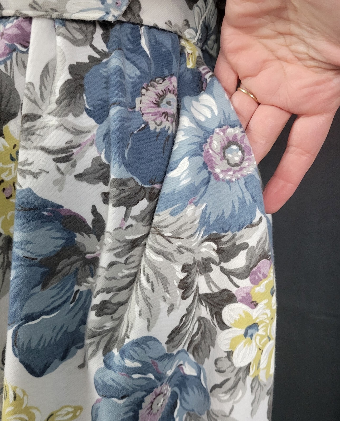 Vtg Stuart Alan Petites White/Blue/Purple Floral Blouson Knit Dress Size 8P