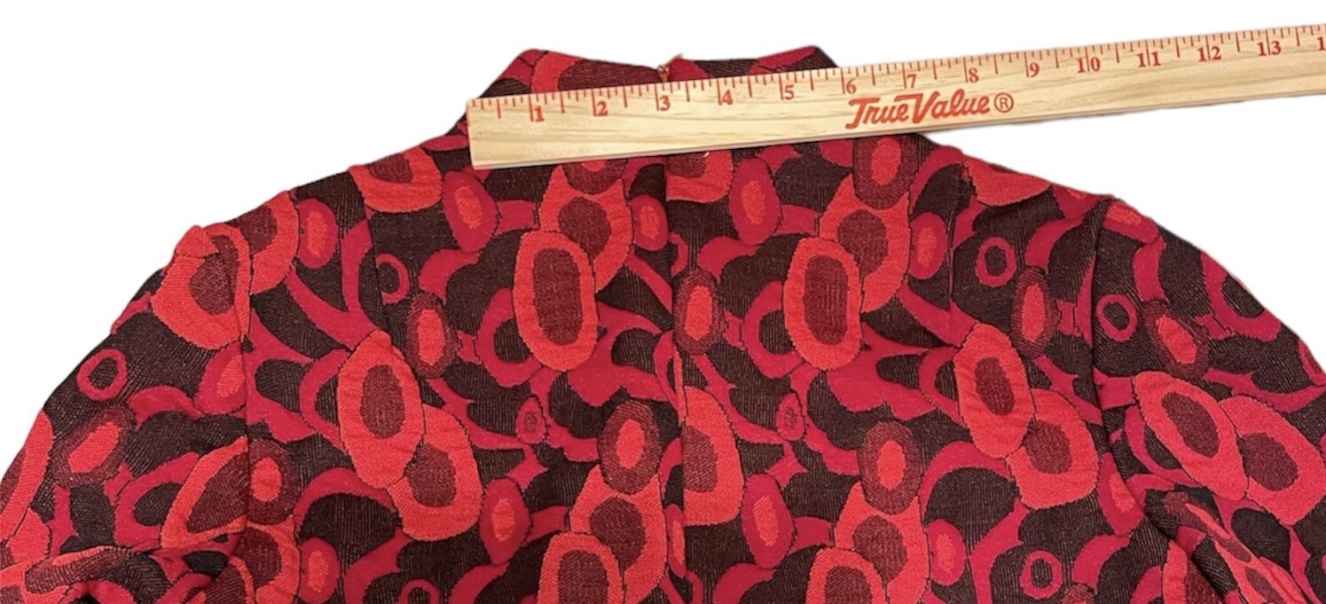 Vintage Black & Red Geometric Print Fringed Belt Blouse Top Zip Back 36” Bust