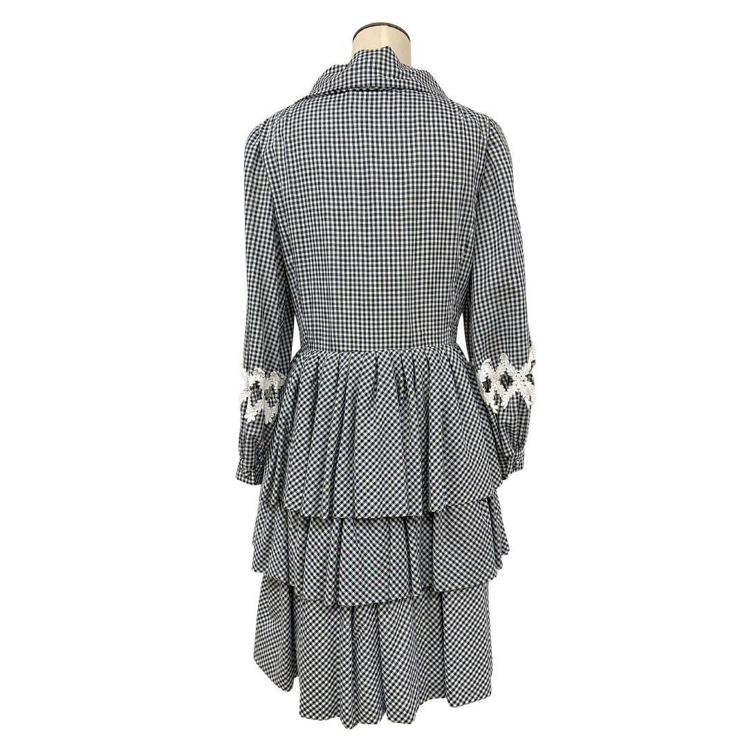 Vintage 1970s Gingham Black & White Layered Tiered Open Front Cutout Sleeve Coat