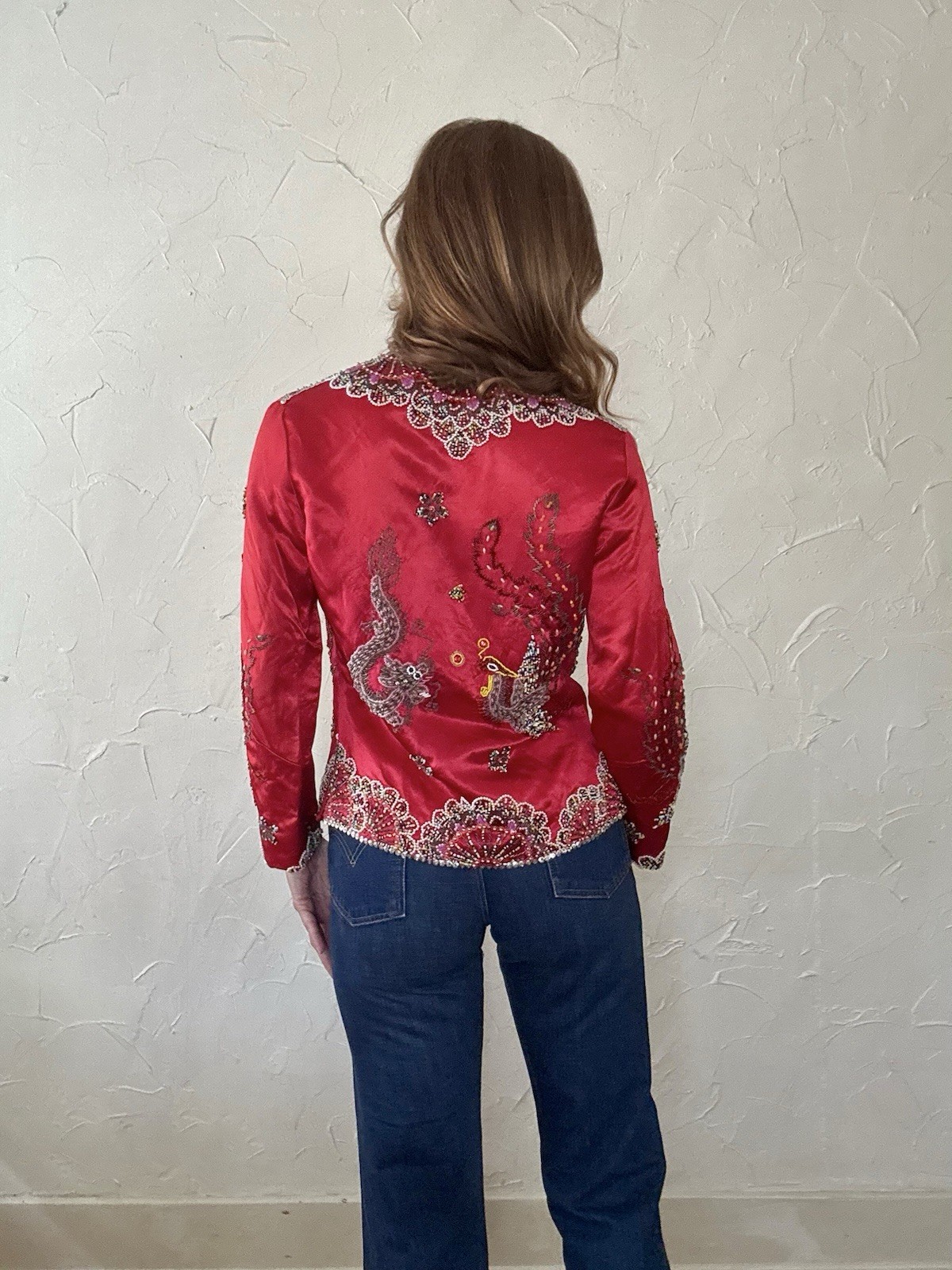VTG 1960s Red Satin Beaded Jacket Zip up Asian Influenced Dragon Phoenix Design