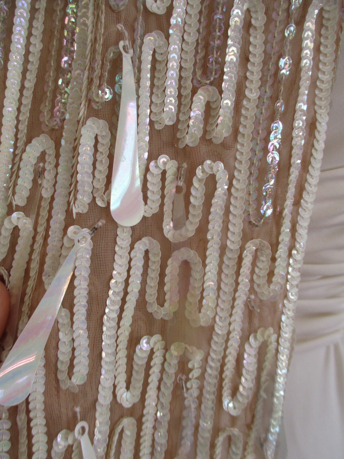Vtg 70s Lilli Diamond Maxi Dress Gown XS/S Ivory Drop Sequin Statement Sleeves