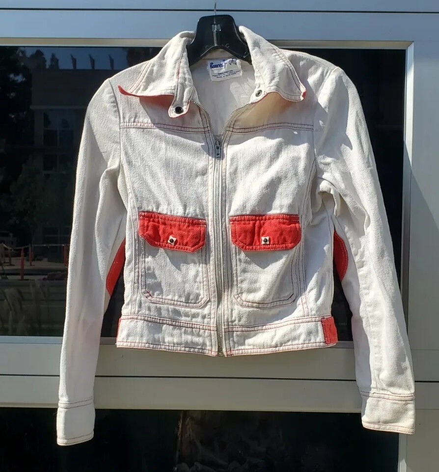 Vintage RONCELLI 60s 70s Orange White Elbow Zippers Pockets Jacket Cotton S XS