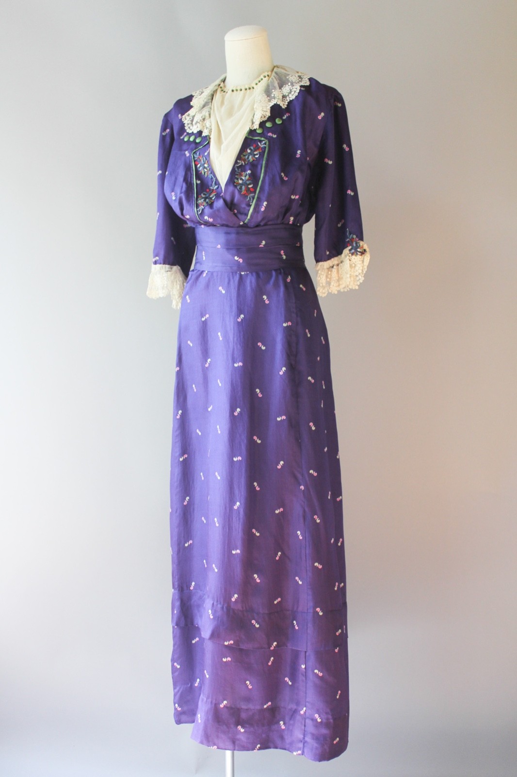 Antique 1910s Edwardian Purple Printed Silk Embroidered Dress Stunning! EX COND!