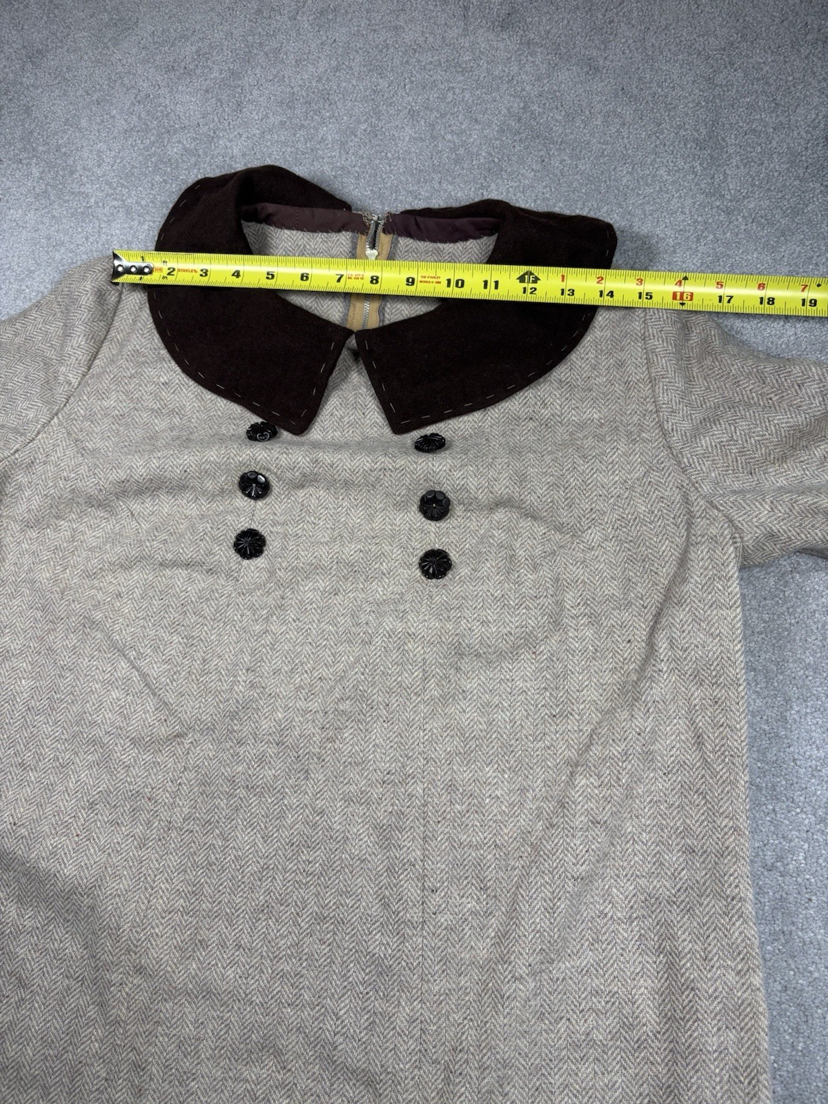 1950s Wool Shift Dress Herringbone Handmade Collared Short Sleeve Women’s L/ XL