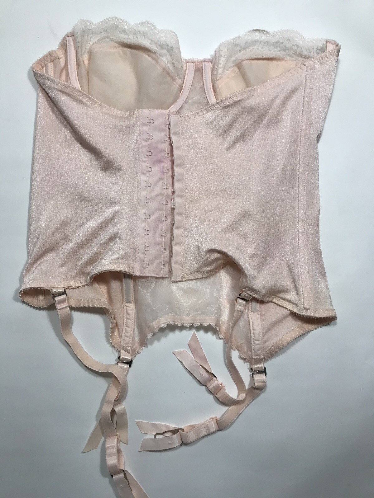 Vintage 1950s LADY MARLENE Bustier Corset Bra w/Garters Pink Lace Strapless Sz38