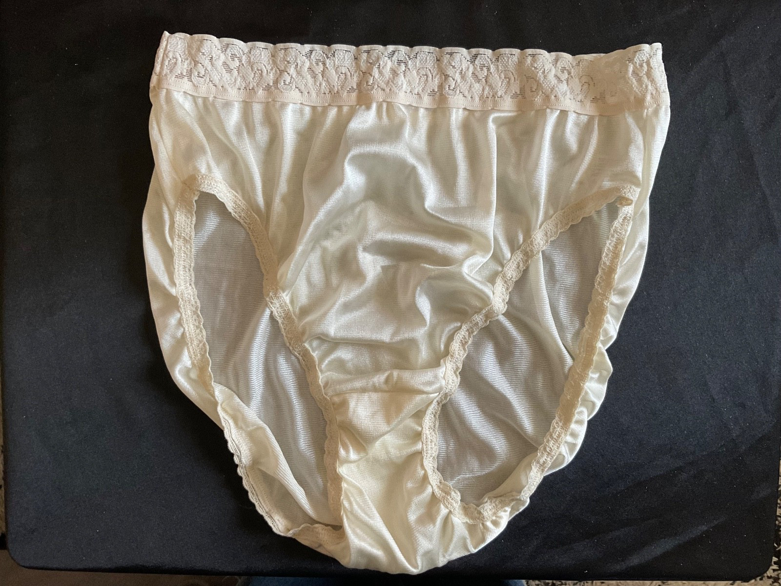 Vintage Hanes Silky Ivory Satin Nylon Floral Lace Hi-Cut Bikini Pantie Size 7