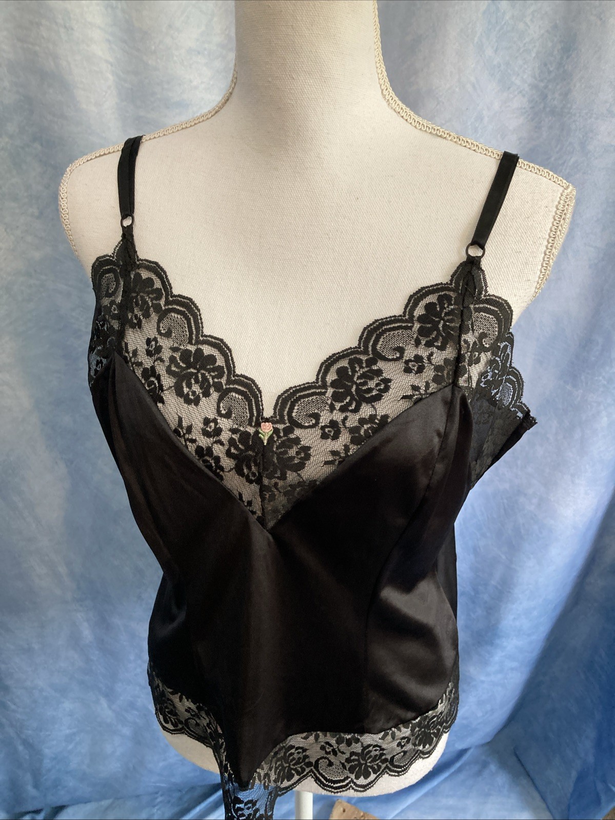 VTG 70s 80s JCPenney Fantasia Black Nylon Lace Camisole Slip Top 38 L Union Made